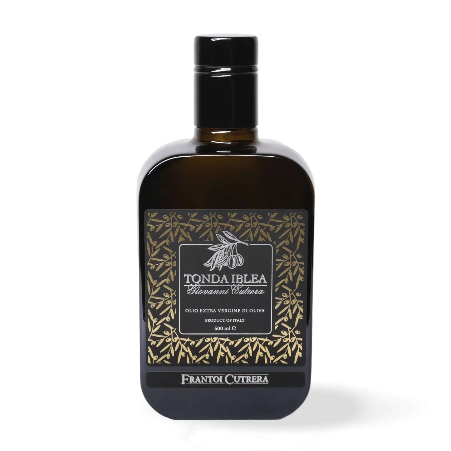 Bottle of Tonda Iblea olive oil with decorative label on a white background