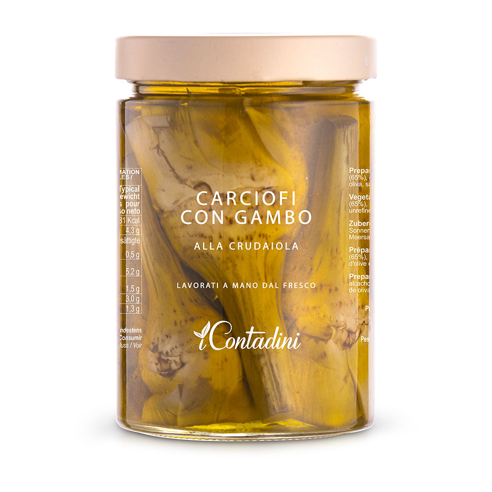 Artichokes with Stem in Crudaiola Sauce - 520g Jar - Artisanal Artichokes