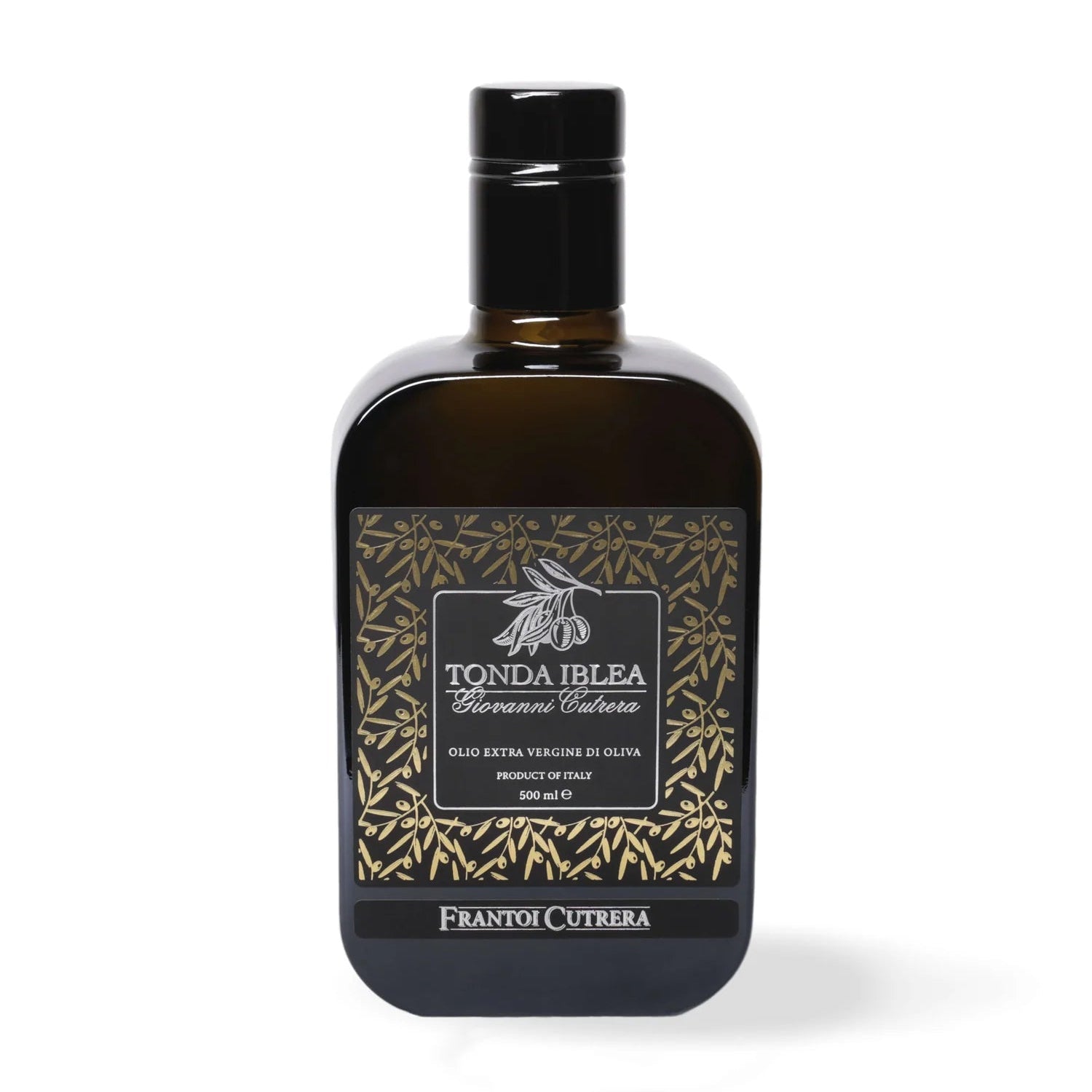 Bottle of Tonda Iblea olive oil with decorative label on a white background