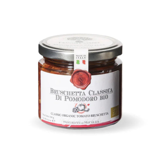 Jar of Bruschetta Classica Di Pomodoro Bio on a white background