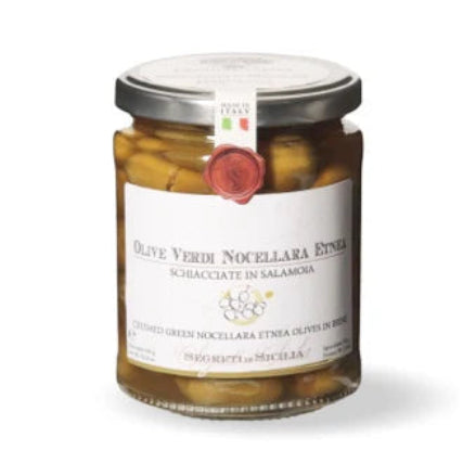 Jar of olives with a label on a white background